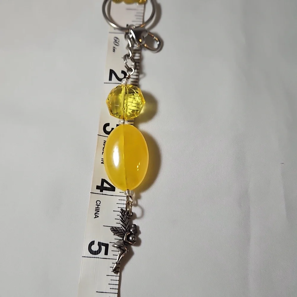 Romantic Sparkling Fairy Charm Keychain with Yellow-Gold Toned Beads Handmade